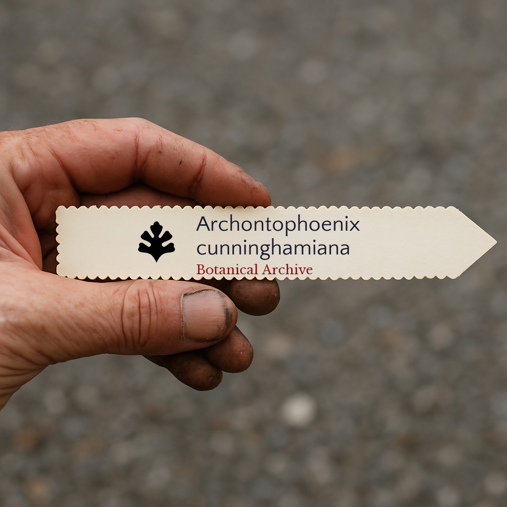 Etichetta per piante stampata per Archontophoenix cunninghamiana con bordi smerlati tenuta a mano