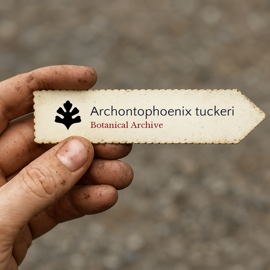 Etichetta per pianta stampata per Archontophoenix tuckeri con logo Botanical Archive tenuta a mano