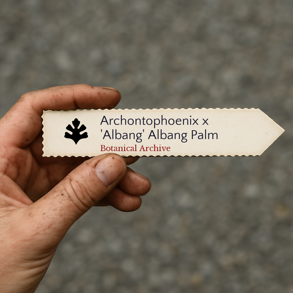 Etichetta della pianta stampata per Archontophoenix x 'Albang' Palma Albang tenuta in mano