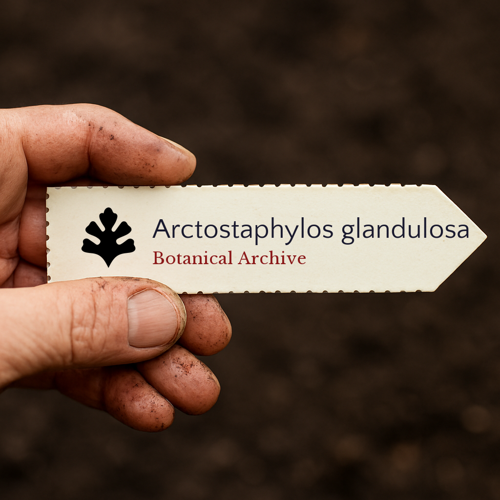 Etichetta per pianta stampata per Arctostaphylos glandulosa tenuta da mano sporca su sfondo di terreno
