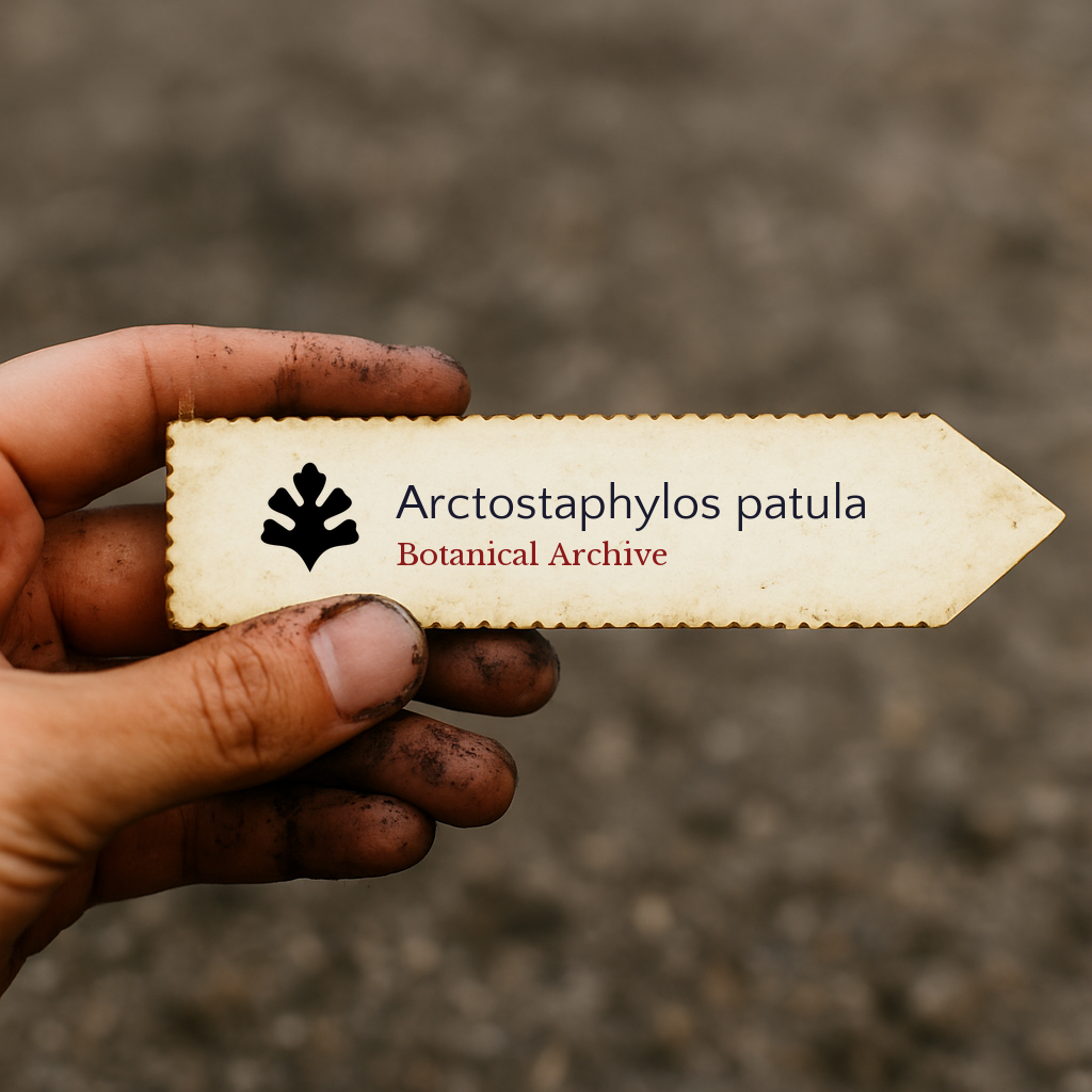 Etichetta stampata per pianta di Arctostaphylos patula tenuta a mano con dita macchiate di terra
