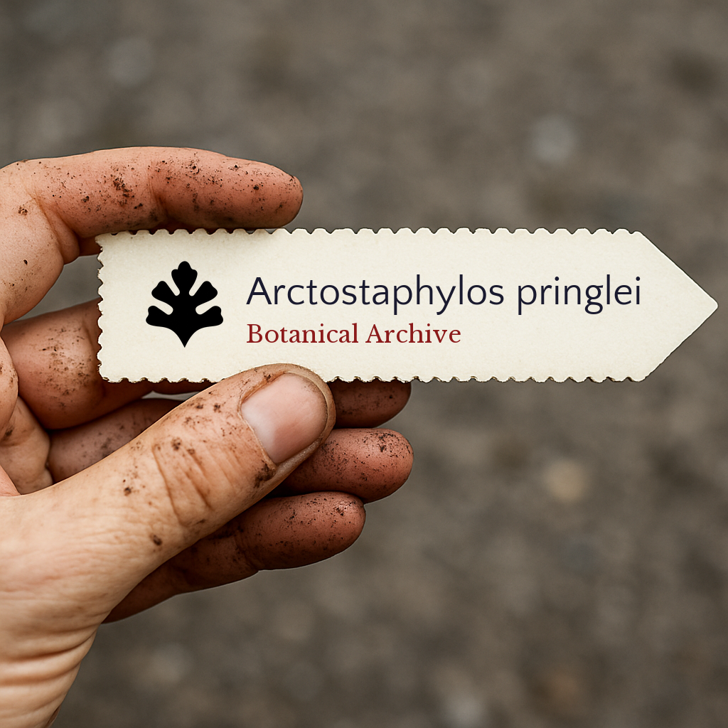 Etichetta stampata per pianta di Arctostaphylos pringlei tenuta in mano sporca all'aperto