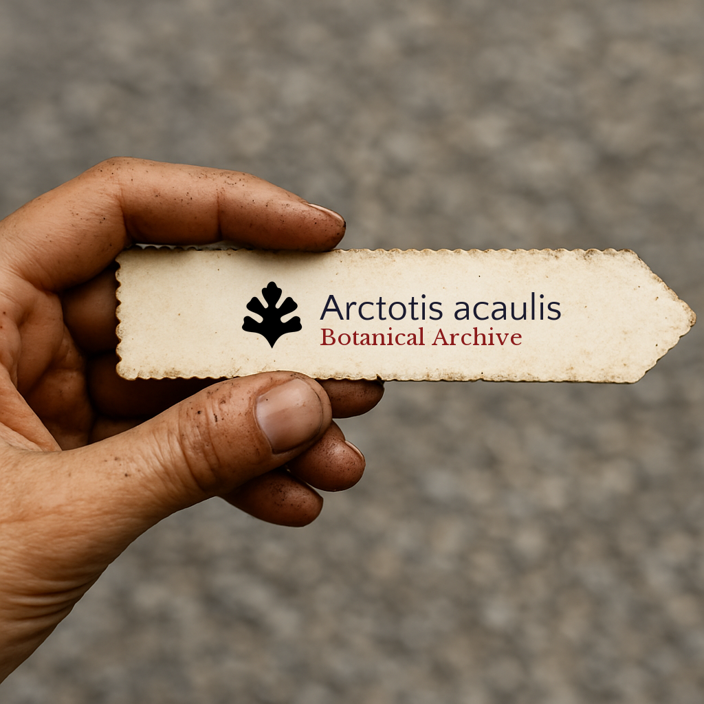 Vintage botanical archive label for Arctotis acaulis held by hand