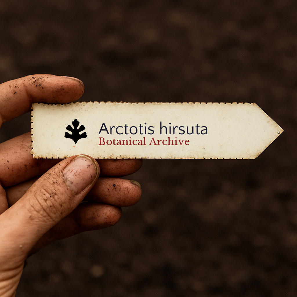 Plant label for Arctotis hirsuta with botanical archive logo held by dirty hand
