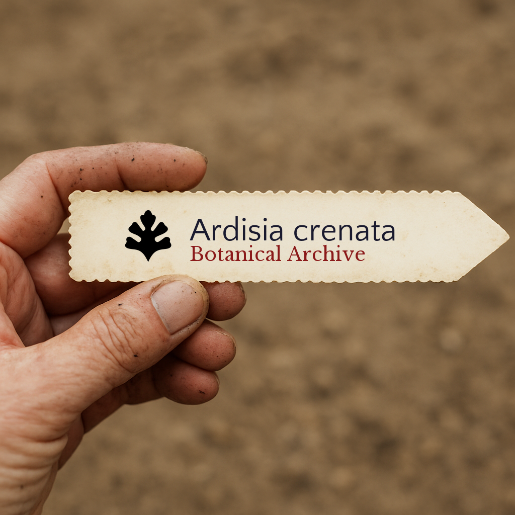 Etichetta stampata per pianta di Ardisia crenata con testo Botanical Archive tenuta a mano