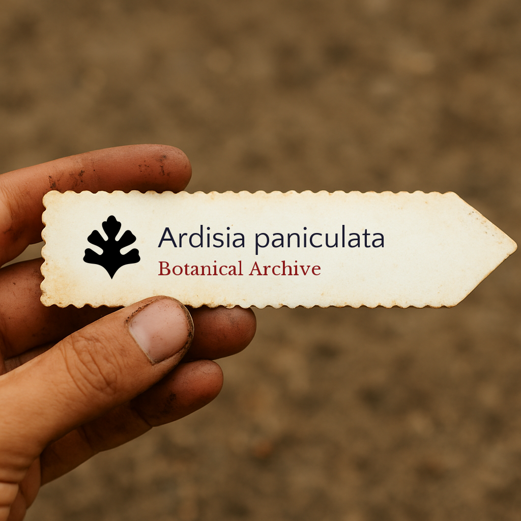 Etichetta stampata per pianta di Ardisia paniculata con logo Botanical Archive tenuta a mano