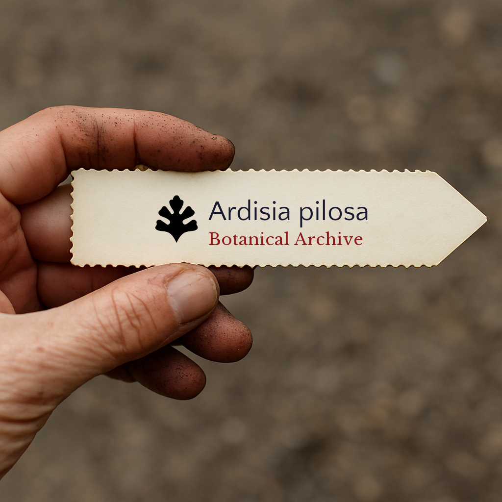 Printed plant label for Ardisia pilosa with botanical archive logo held by dirty hand