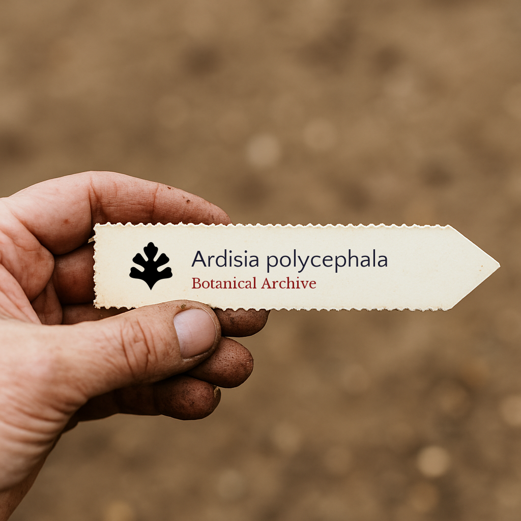 Etichetta stampata per pianta di Ardisia polycephala con il logo Botanical Archive tenuta a mano