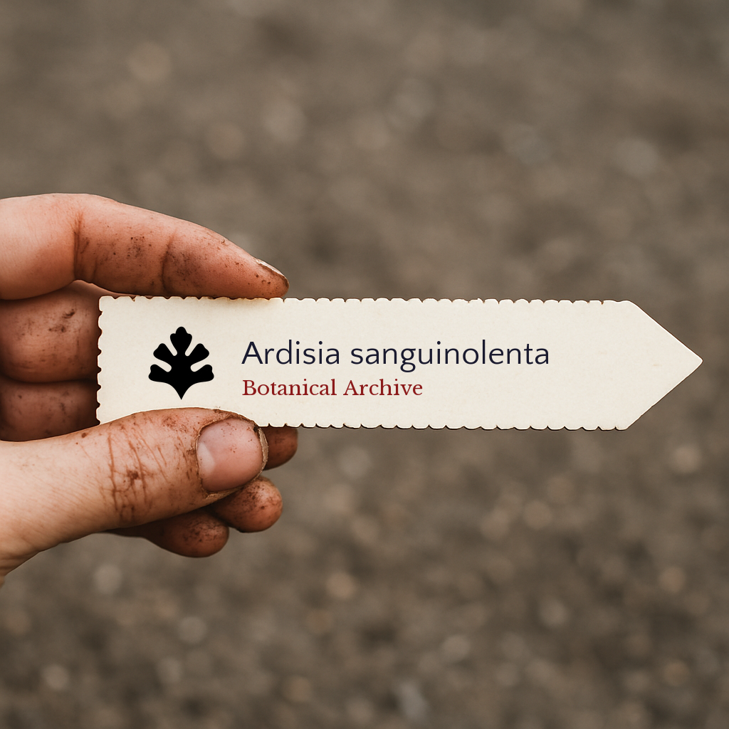 Etichetta stampata per pianta di Ardisia sanguinolenta con il logo Botanical Archive tenuta da mano sporca