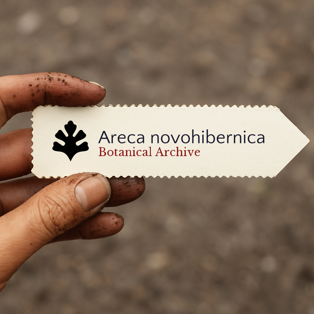 Etichetta per pianta stampata per Areca novohibernica tenuta a mano con dita macchiate di terra