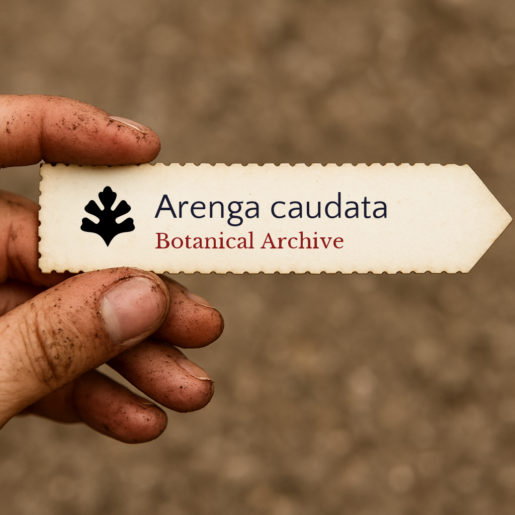Printed plant label for Arenga caudata held by dirty hand against soil background