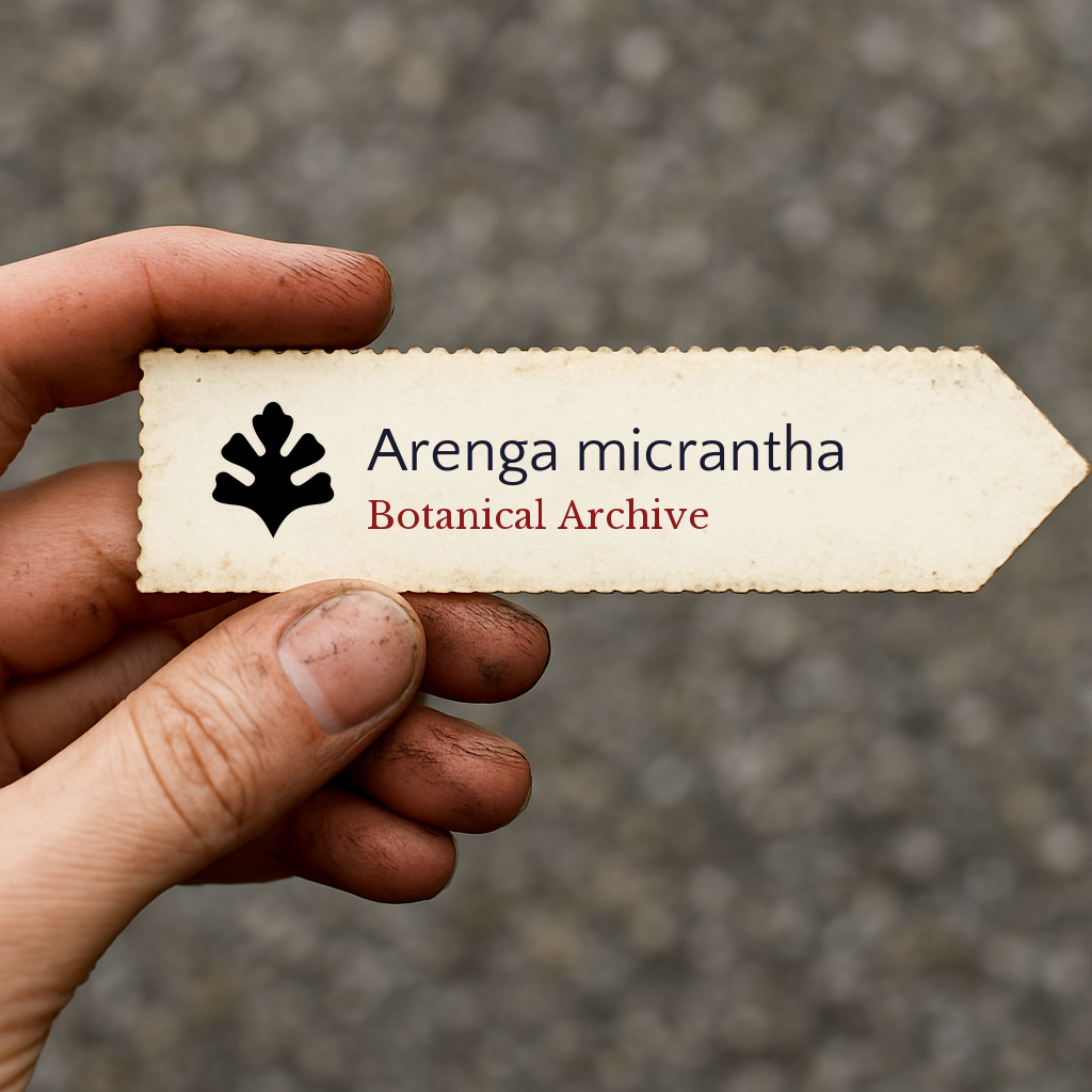 Etichetta per pianta stampata di Arenga micrantha tenuta a mano con terra sotto le unghie
