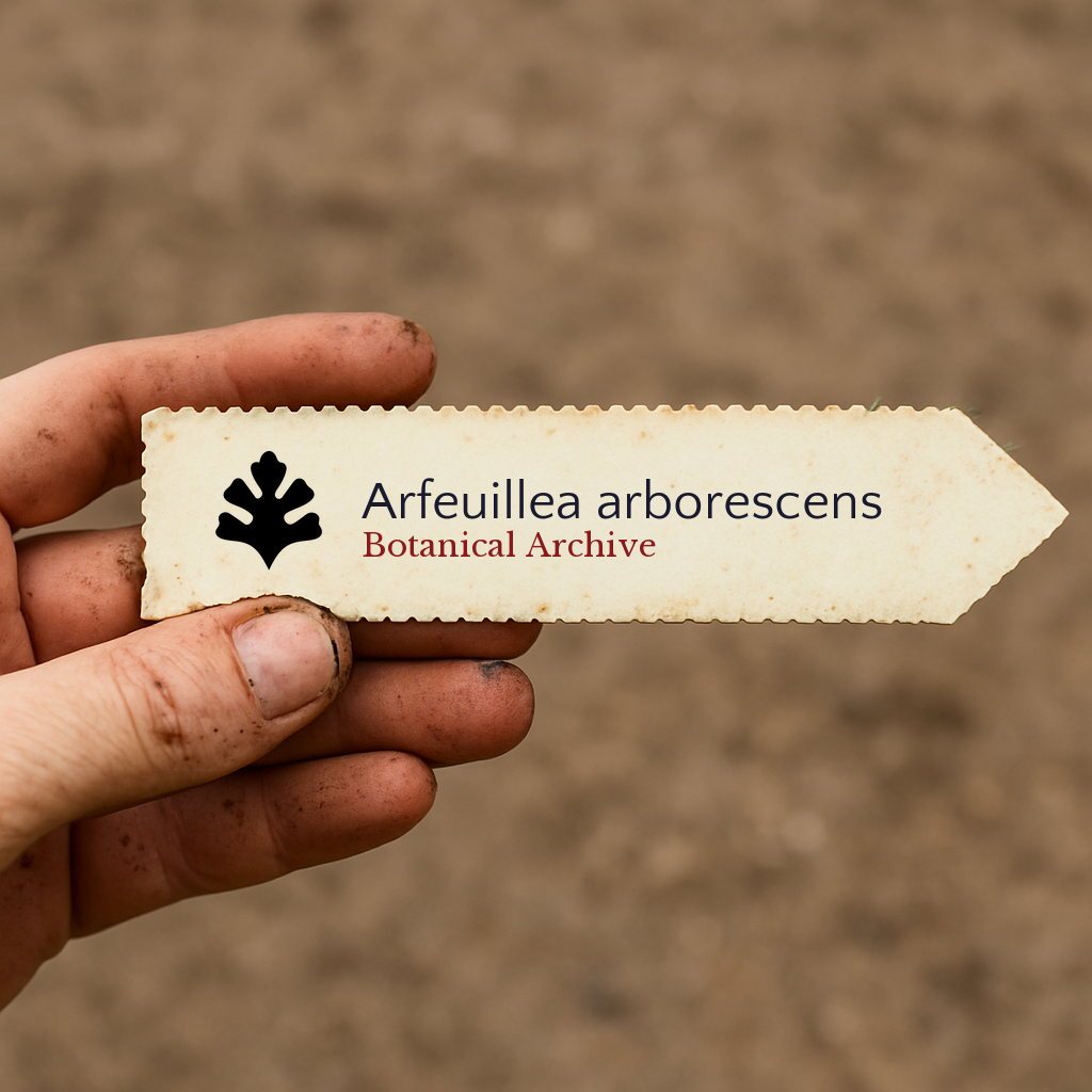 Printed plant label for Arfeuillea arborescens held by hand with soil background