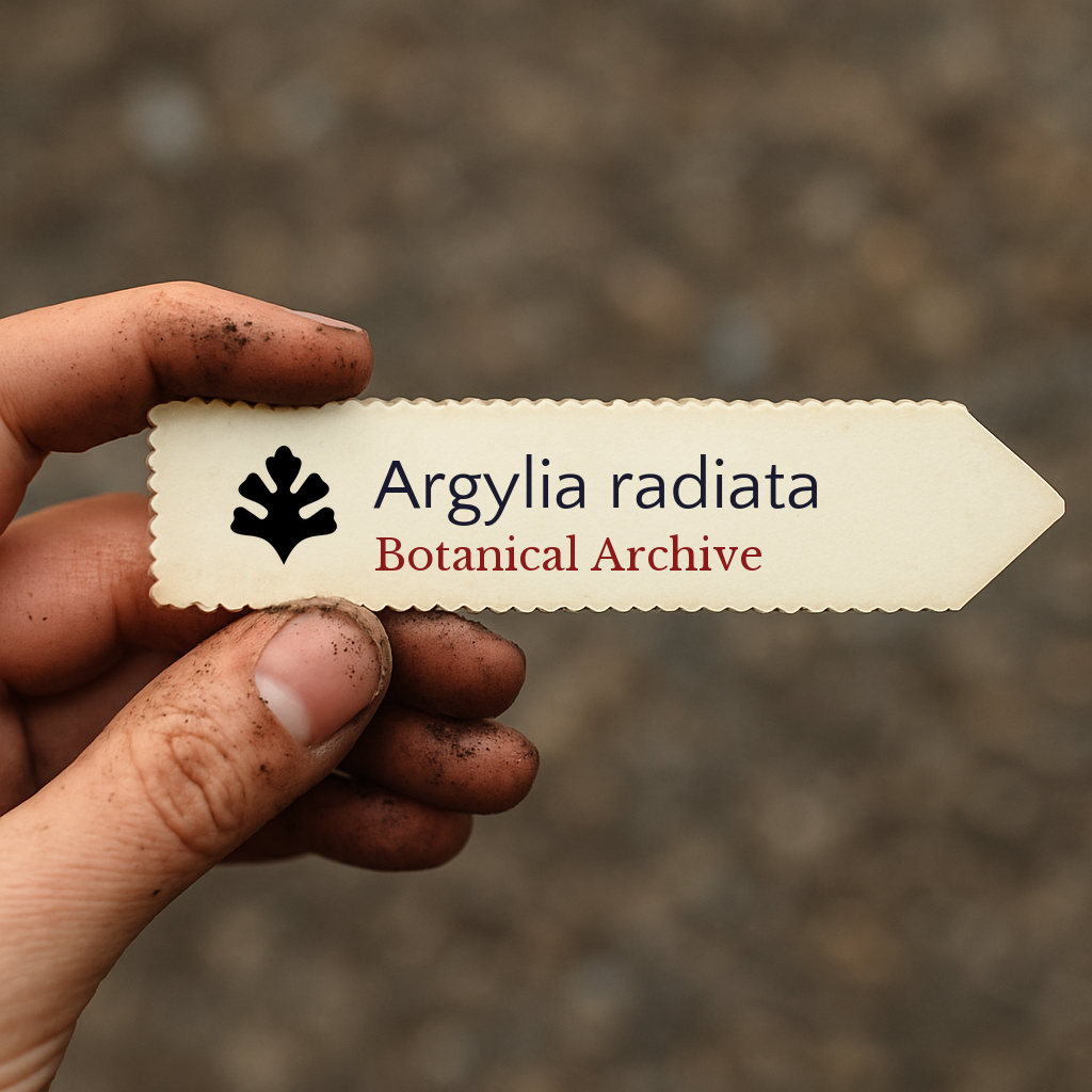 Printed plant label for Argylia radiata held by a dirt-covered hand outdoors