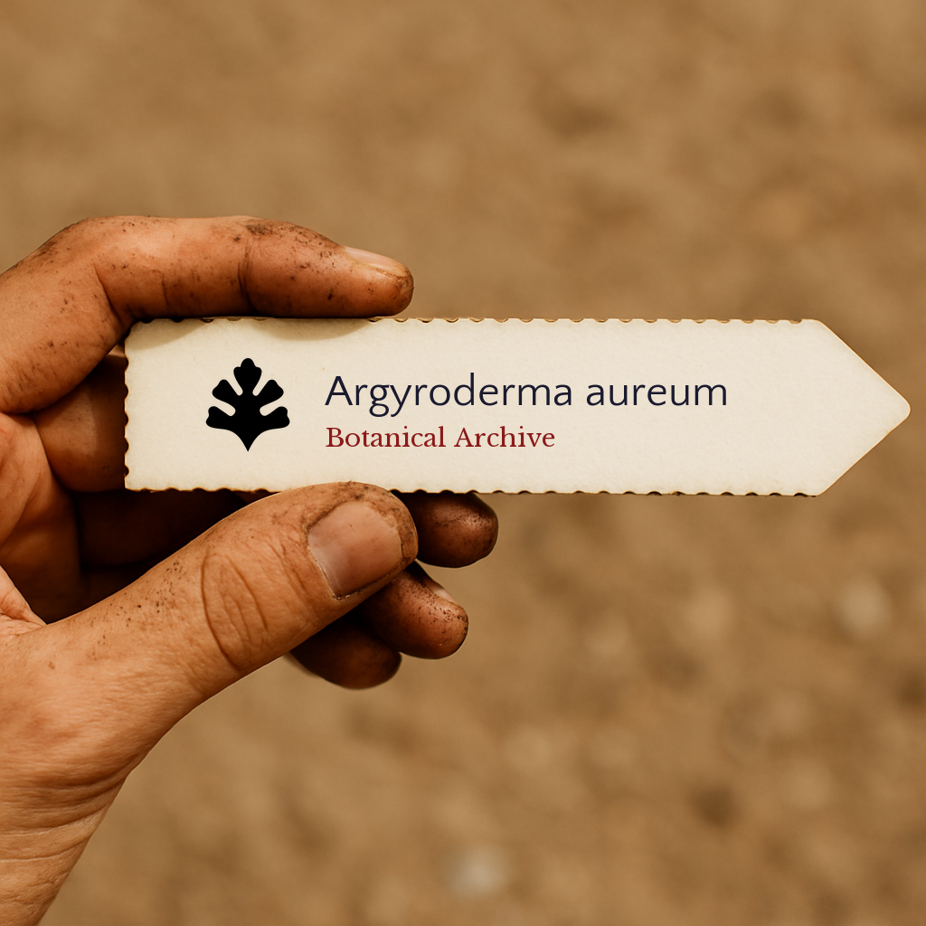 Printed plant label for Argyroderma aureum held by dirty hand against soil background