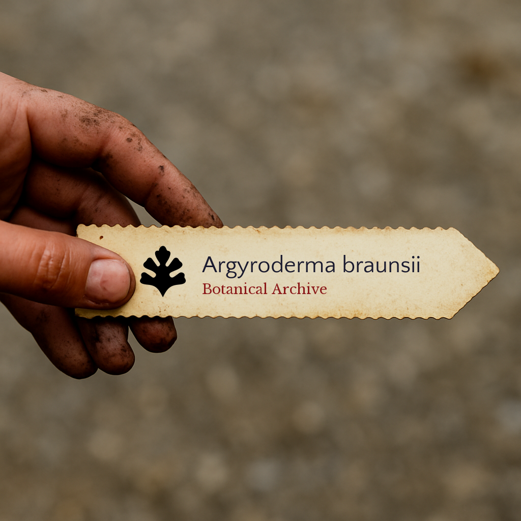 Printed plant label for Argyroderma braunsii held by hand with dirt background