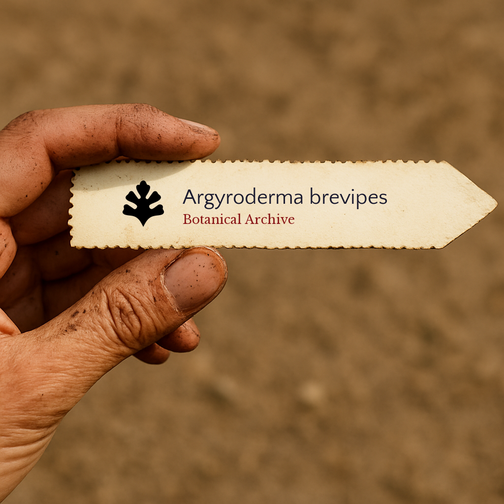 Printed plant label for Argyroderma brevipes held by hand with soil background
