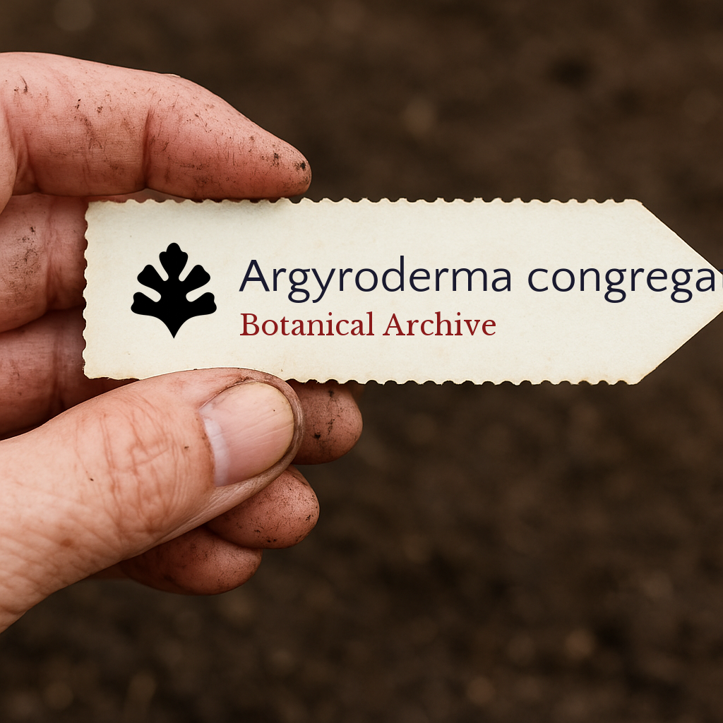 Etichetta per pianta stampata per Argyroderma congregatum tenuta da mano sporca su sfondo di terra