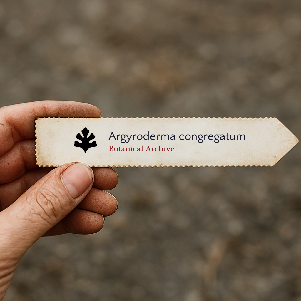 Etichetta per pianta stampata per Argyroderma congregatum tenuta a mano all'aperto