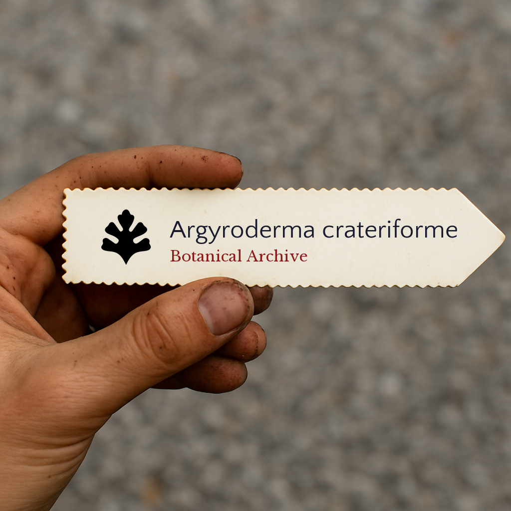 Etichetta stampata per pianta di Argyroderma crateriforme tenuta a mano con sfondo di terra