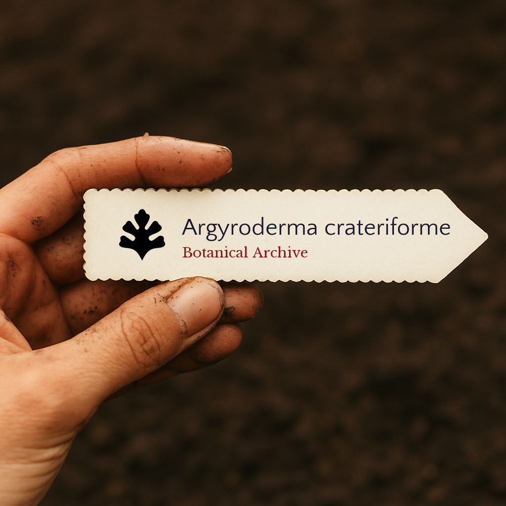 Etichetta stampata per pianta di Argyroderma crateriforme su sfondo di terreno