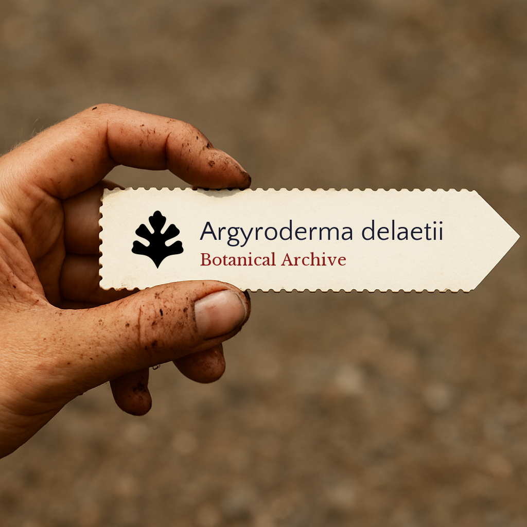 Printed plant label for Argyroderma delaetii held by hand with soil background