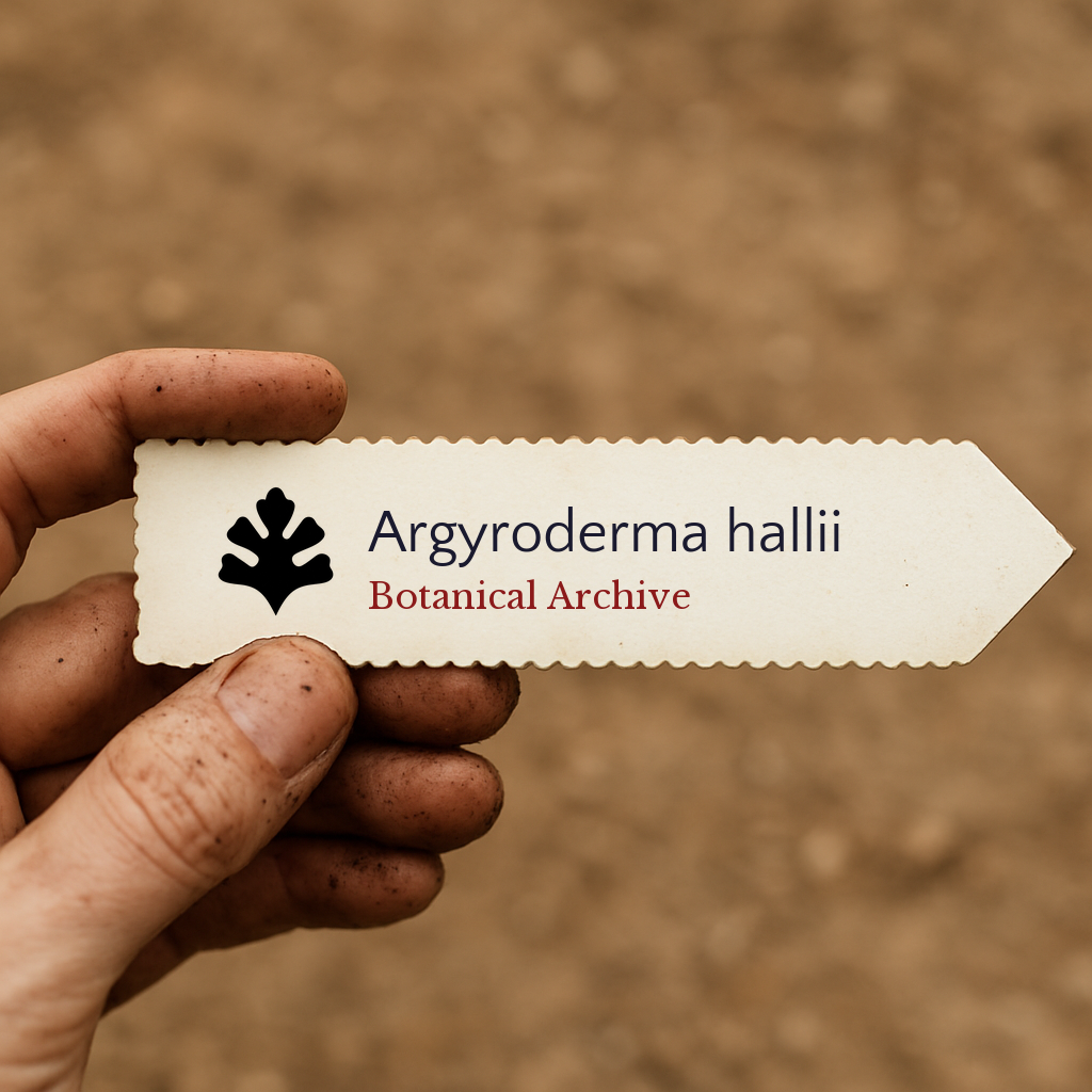 Printed plant label for Argyroderma hallii held by dirty hand against soil background