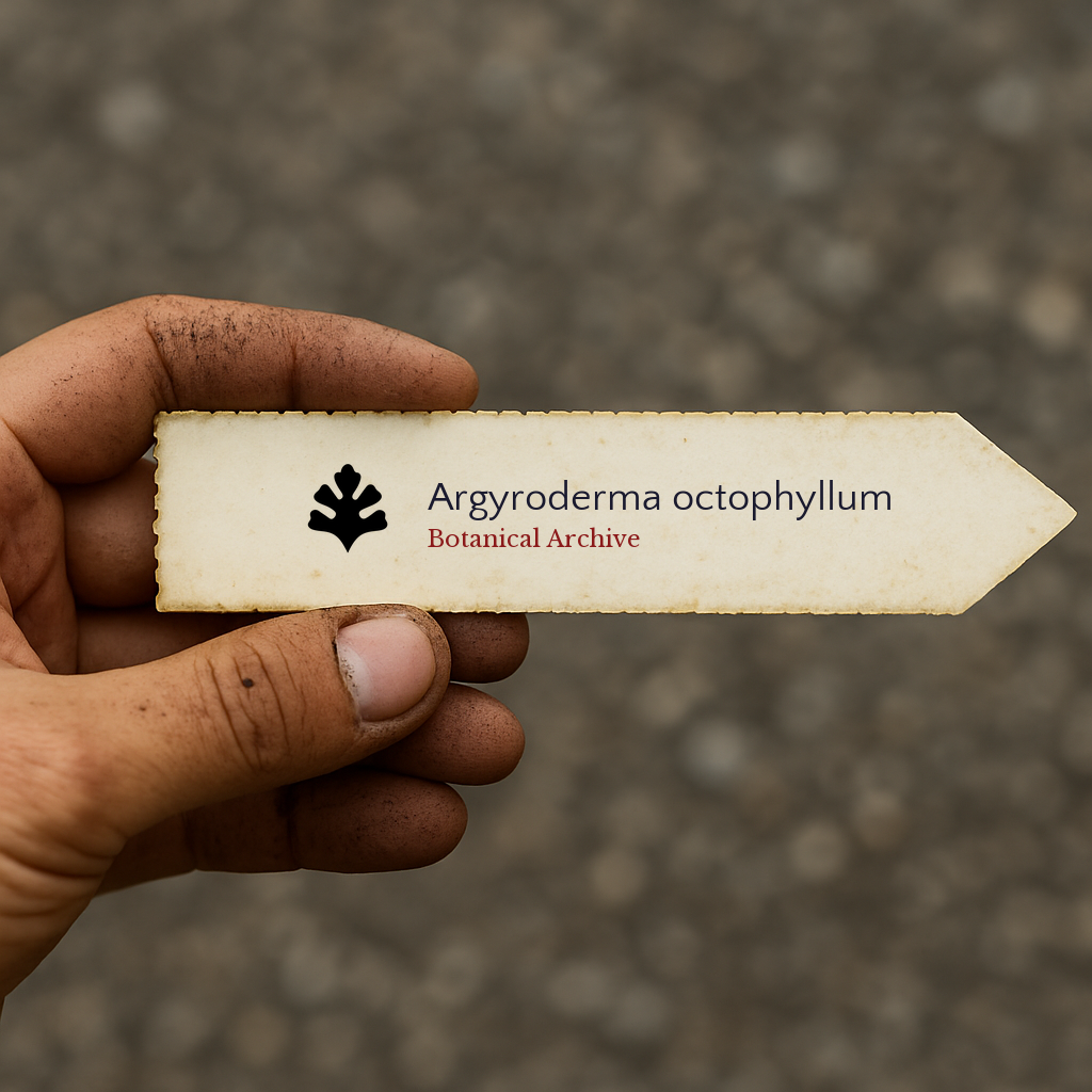 Printed plant label arrow for Argyroderma octophyllum held by dirty hand