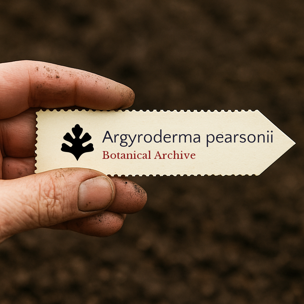 Etichetta stampata per pianta di Argyroderma pearsonii su sfondo di terreno