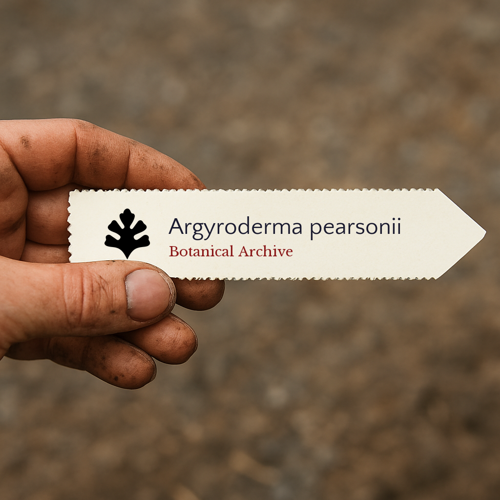 Printed plant label for Argyroderma pearsonii held in hand with dirt background