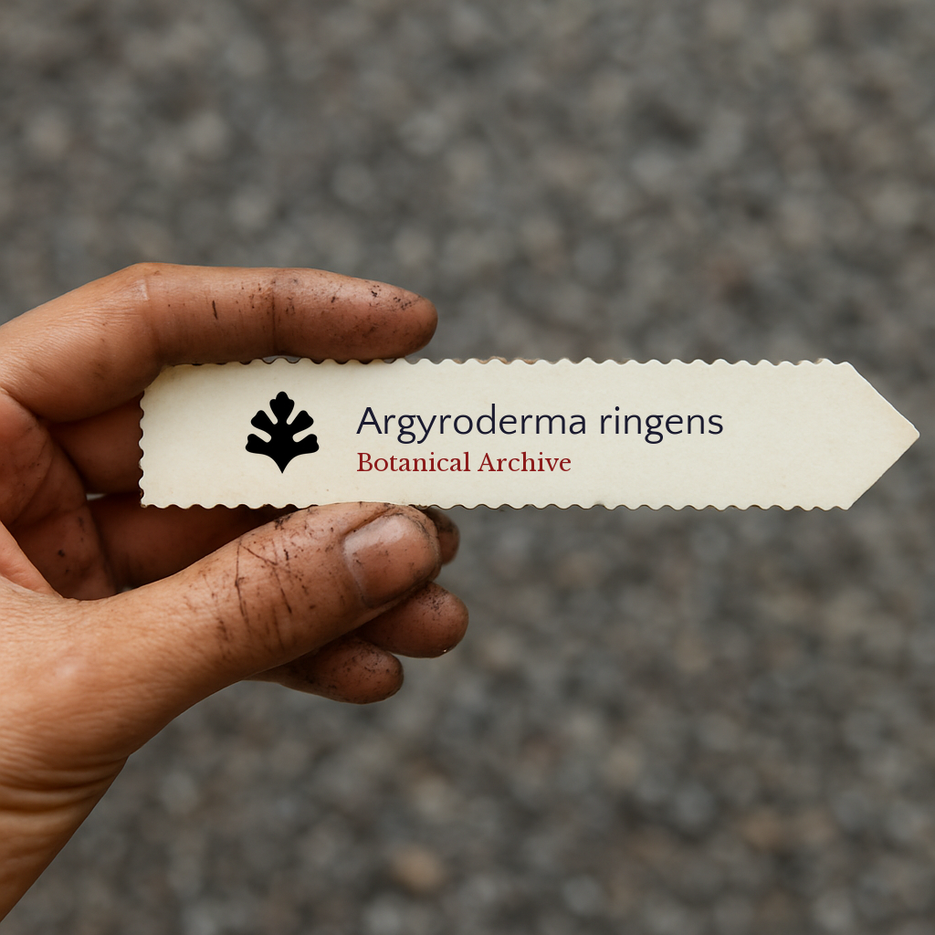 Printed plant label for Argyroderma ringens held by hand with dirt background