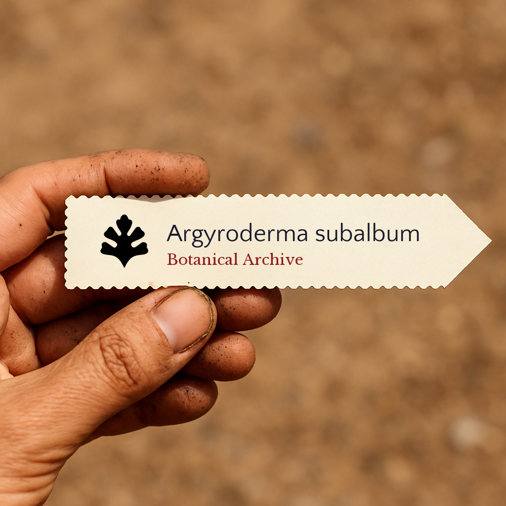 Printed plant label for Argyroderma subalbum held by hand with soil background