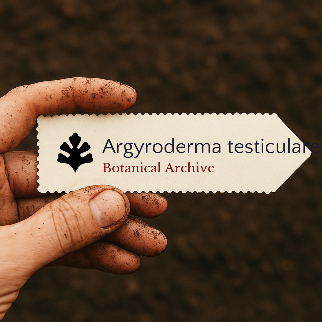 Etichetta della pianta stampata per Argyroderma testiculare tenuta da una mano sporca su sfondo di terreno
