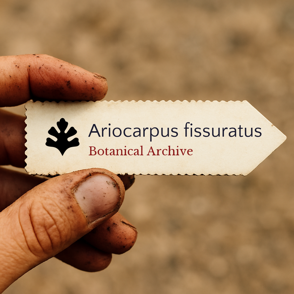 Etichetta per piante stampata per Ariocarpus fissuratus tenuta da mano sporca all'aperto
