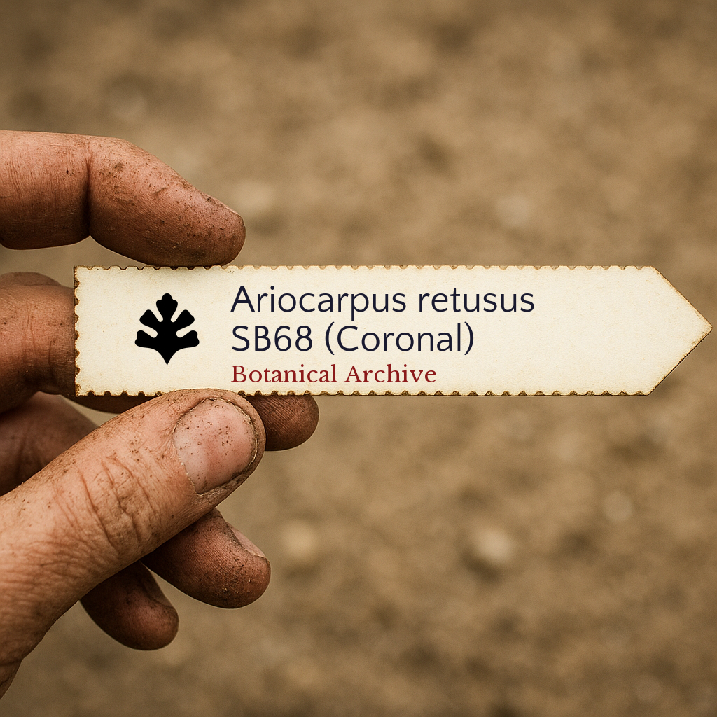 Printed plant label for Ariocarpus retusus held by dirty hand with blurred soil background