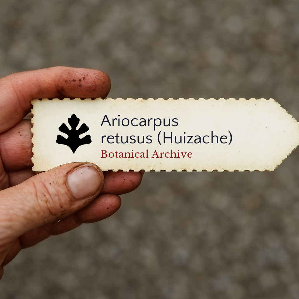 Printed plant label for Ariocarpus retusus (Huizache) held by hand with dirt background