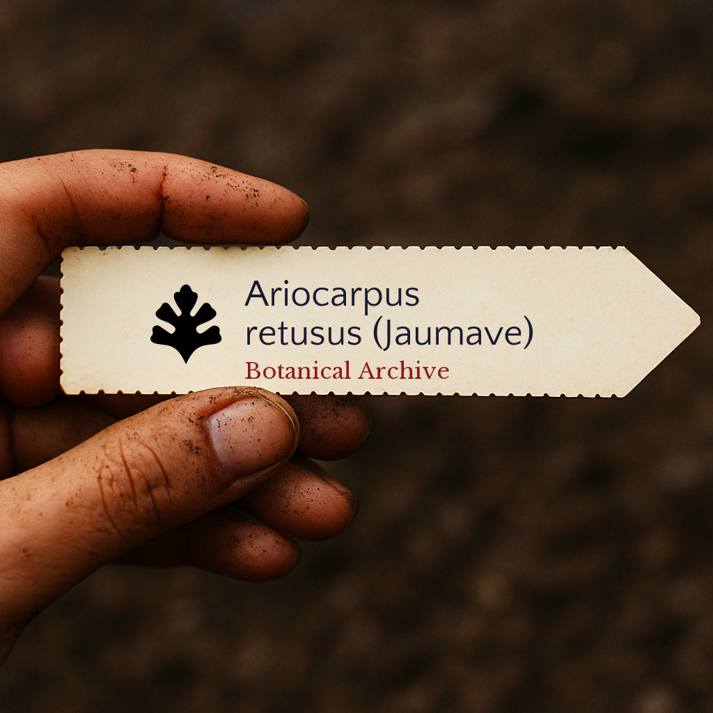 Etichetta stampata per pianta di Ariocarpus retusus (Jaumave) tenuta da una mano sporca all'aperto