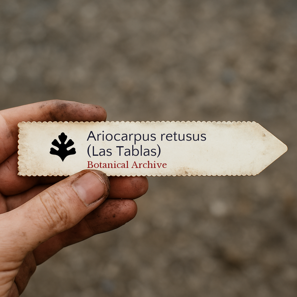 Etichetta a stampa per pianta di Ariocarpus retusus (Las Tablas) tenuta da mano sporca all'aperto