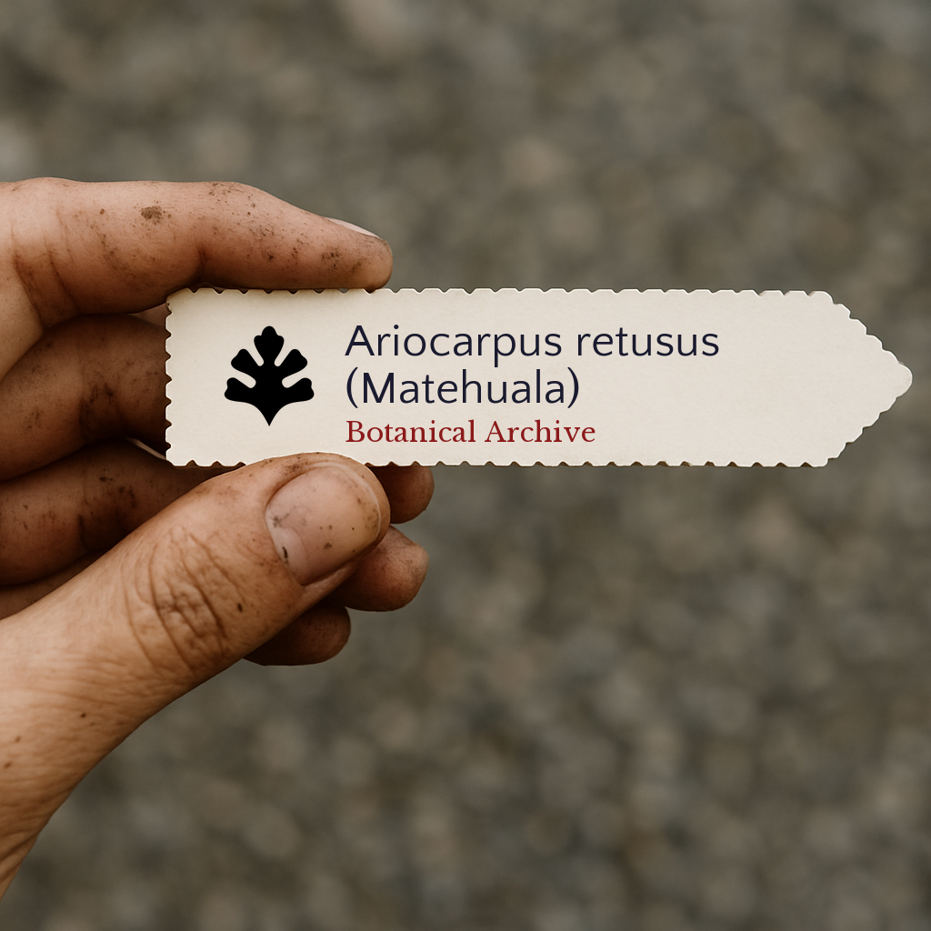 Printed plant label for Ariocarpus retusus (Matehuala) held by dirty hand outdoors