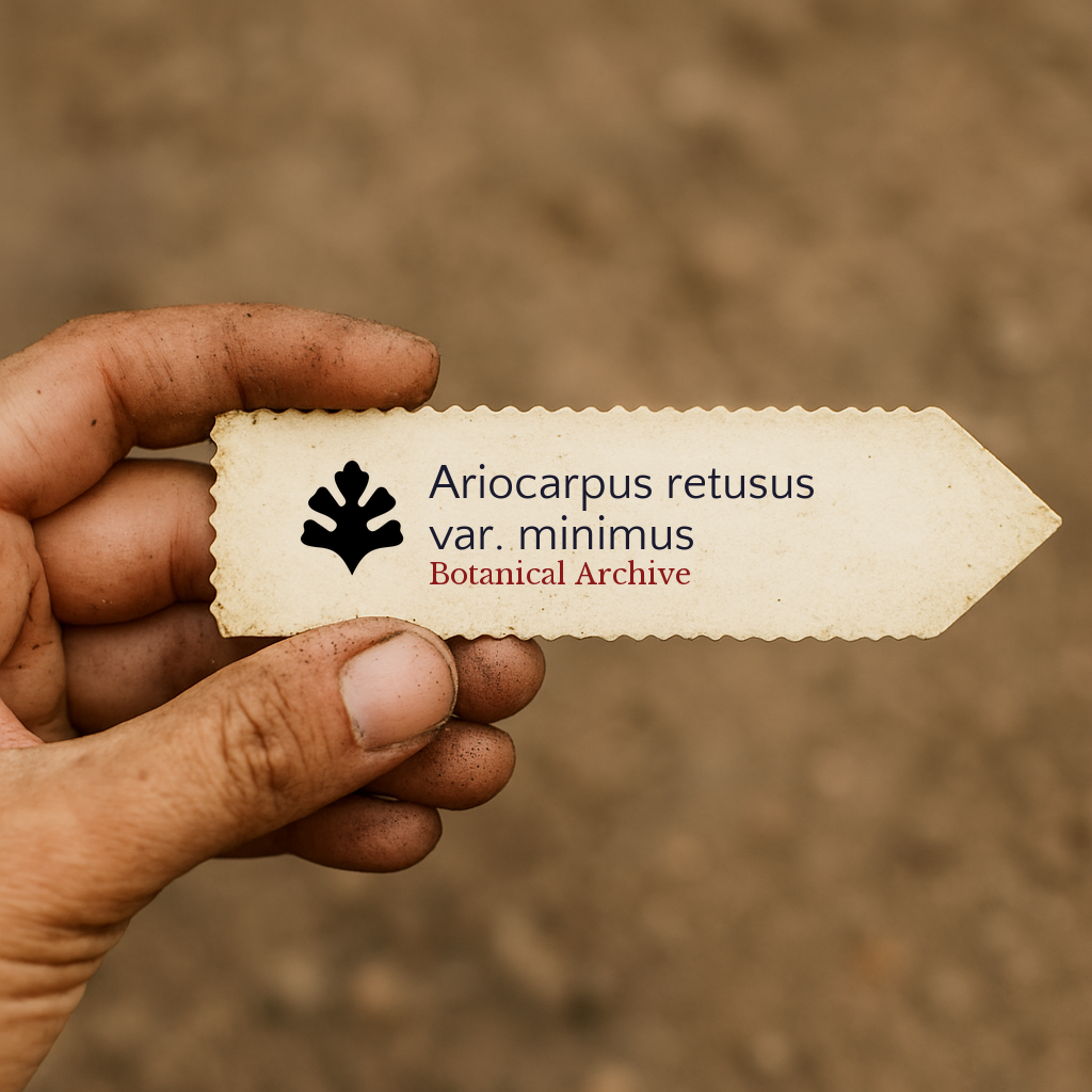 Printed plant label for Ariocarpus retusus var. minimus held in dirt-covered hand
