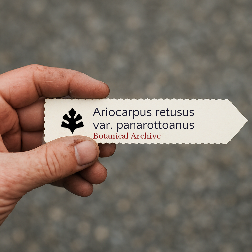Printed plant label for Ariocarpus retusus var. panarottoanus held in hand with botanical archive logo