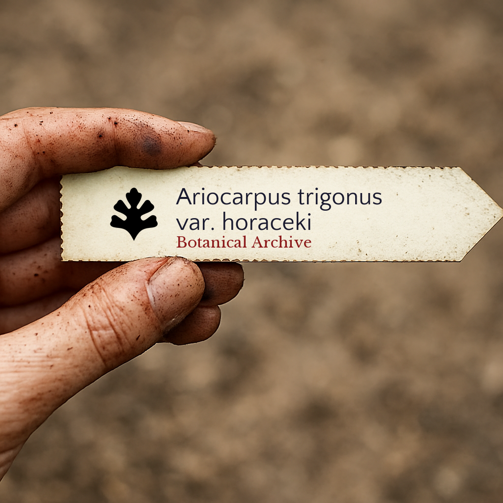 Printed plant label for Ariocarpus trigonus var. horaceki held by dirty hand outdoors