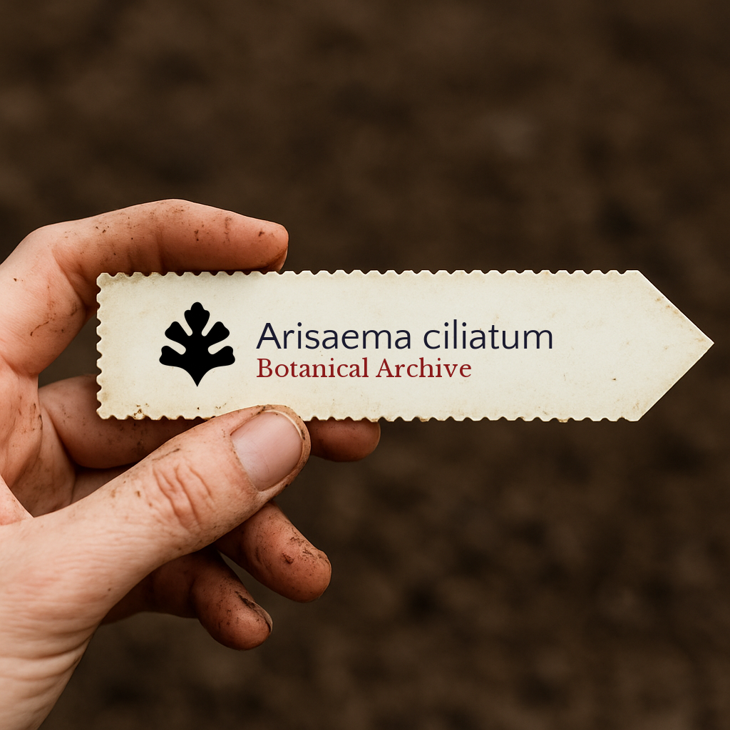Printed plant label for Arisaema ciliatum with botanical archive logo held by hand