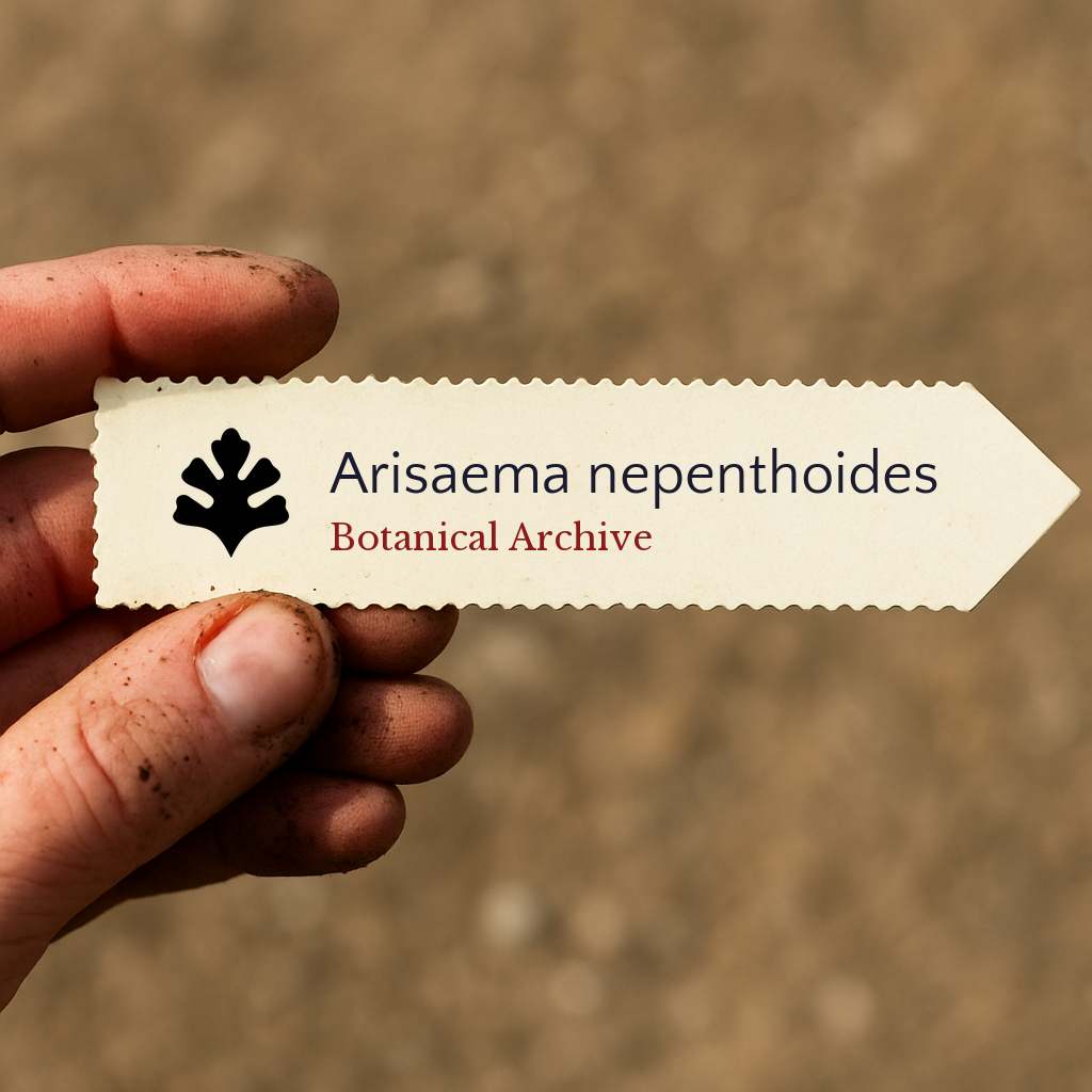 Printed plant label for Arisaema nepenthoides held by dirty hand outdoors