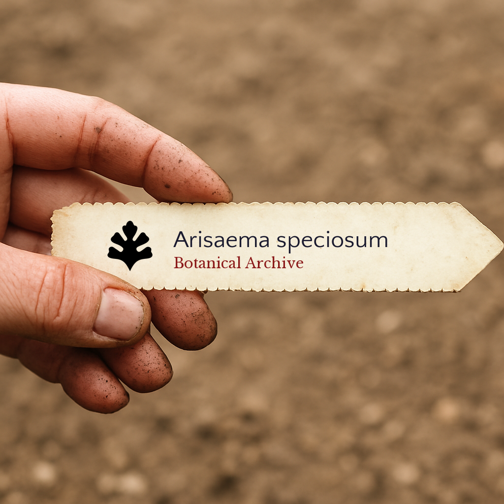 Etichetta per pianta stampata per Arisaema speciosum tenuta da una mano sporca su sfondo di terreno