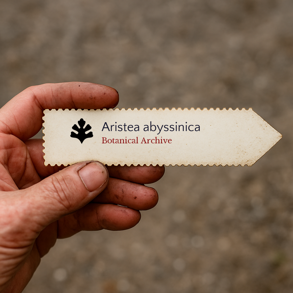 Printed plant label for Aristea abyssinica with botanical archive logo held in hand