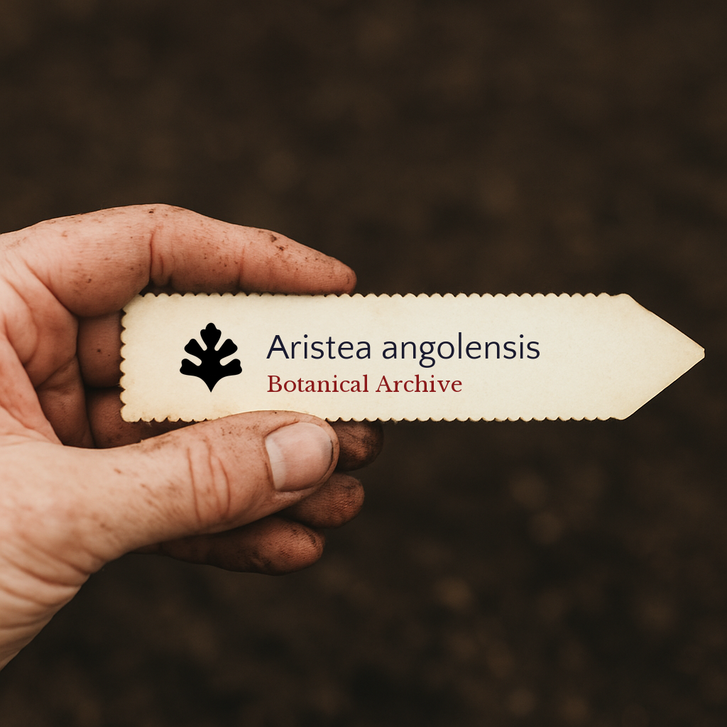 Printed plant label for Aristea angolensis held by dirty hand over soil background