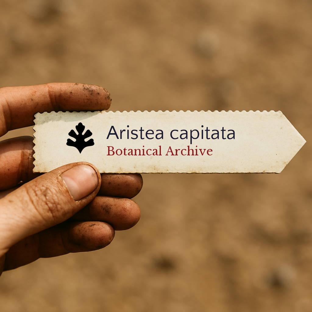 Etichetta stampata per pianta di Aristea capitata tenuta da una mano sporca all'aperto