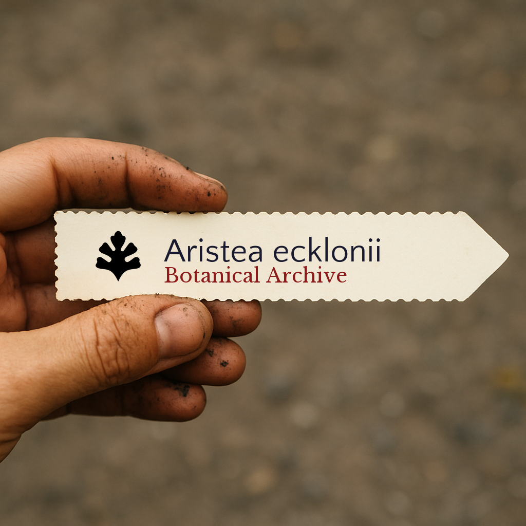 Etichetta per pianta stampata di Aristea ecklonii tenuta a mano con dita macchiate di terra