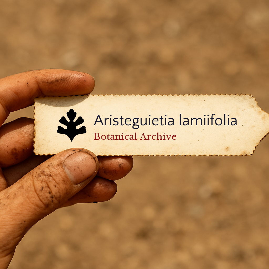 Etichetta stampata per pianta di Aristeguietia lamiifolia tenuta da mano sporca all'aperto